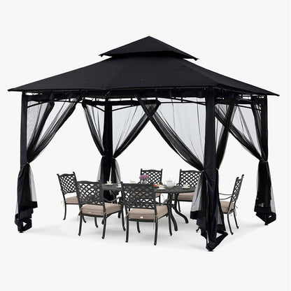 Gartenpavillon 2,5x2,5m mit Netz und Doppeldach, Schwarz