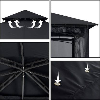 Gartenpavillon 2,5x2,5m mit Netz und Doppeldach, Schwarz