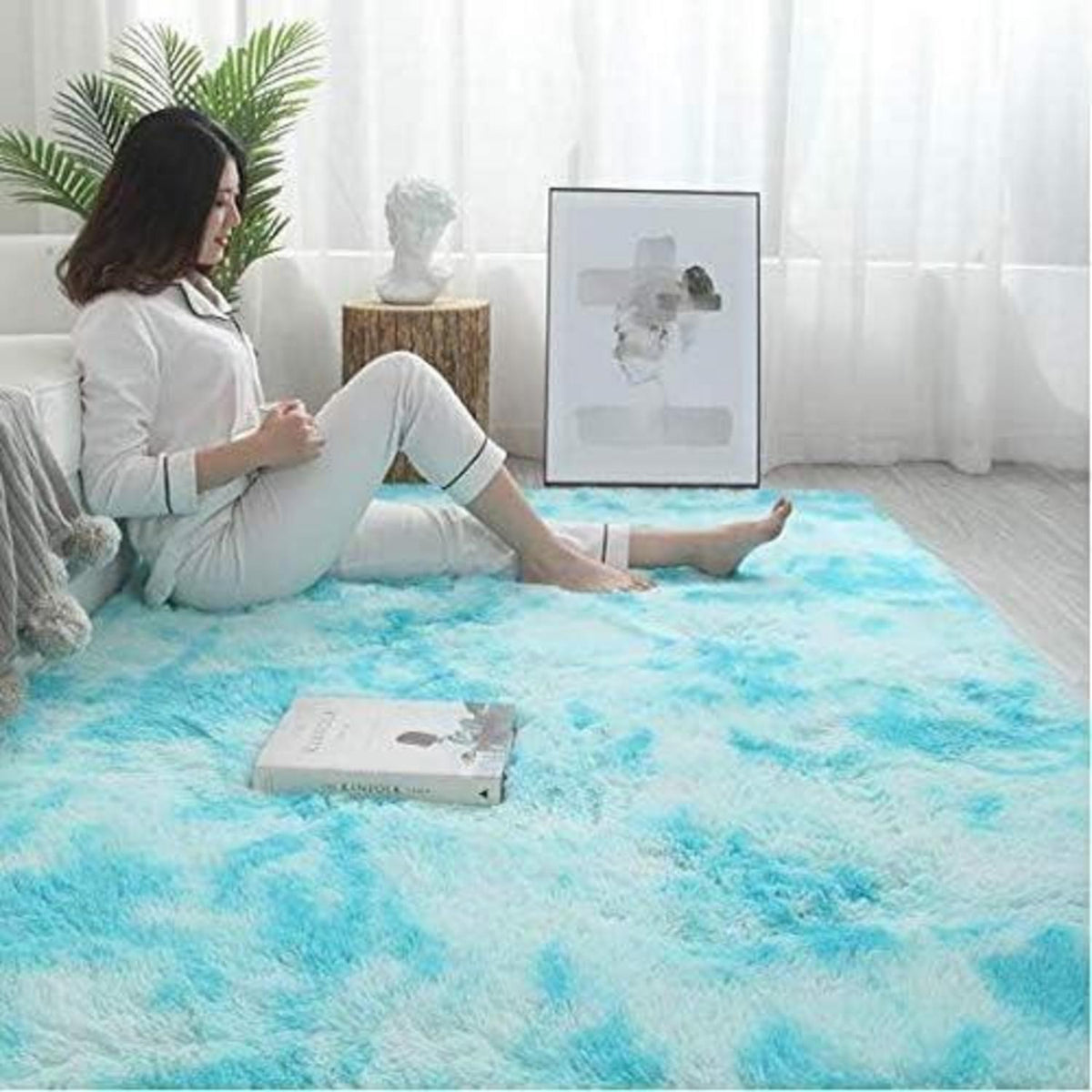 Flauschiger Teppich Rund Hochflor Rutschfest Weich 185x185cm Blau Weiß