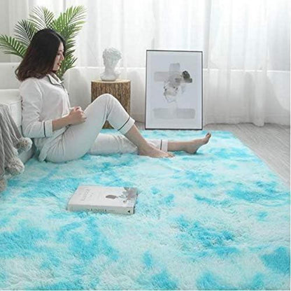 Flauschiger Teppich Rund Hochflor Rutschfest Weich 185x185cm Blau Weiß