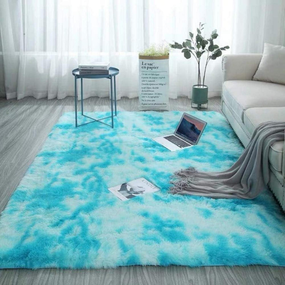 Flauschiger Teppich Rund Hochflor Rutschfest Weich 185x185cm Blau Weiß