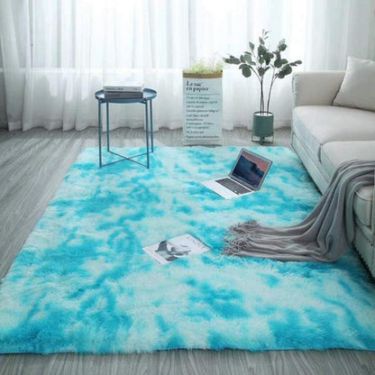 Flauschiger Teppich Rund Hochflor Rutschfest Weich 185x185cm Blau Weiß