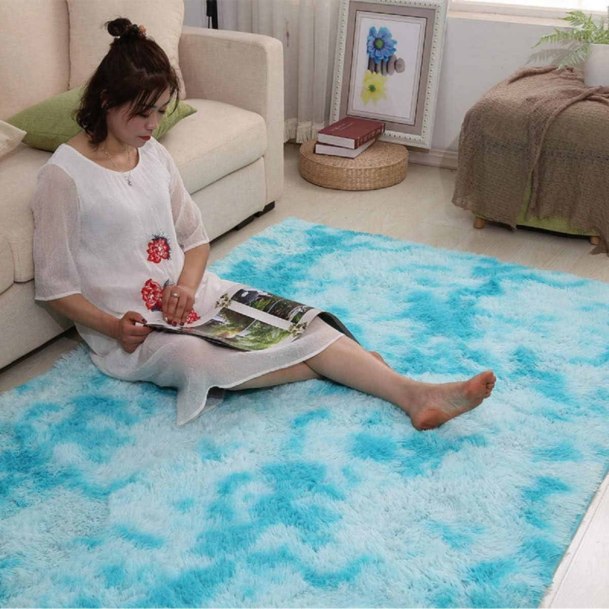 Flauschiger Teppich Rund Hochflor Rutschfest Weich 185x185cm Blau Weiß