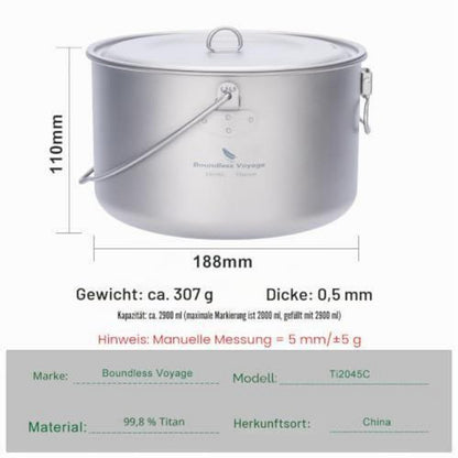Titantopf mit Deckel – Camping Kochgeschirr Ultraleicht 750ml-1300ml
