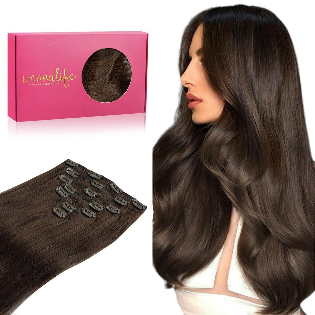 Echthaar Clip-Ins Schokoladenbraun 40cm (120g)