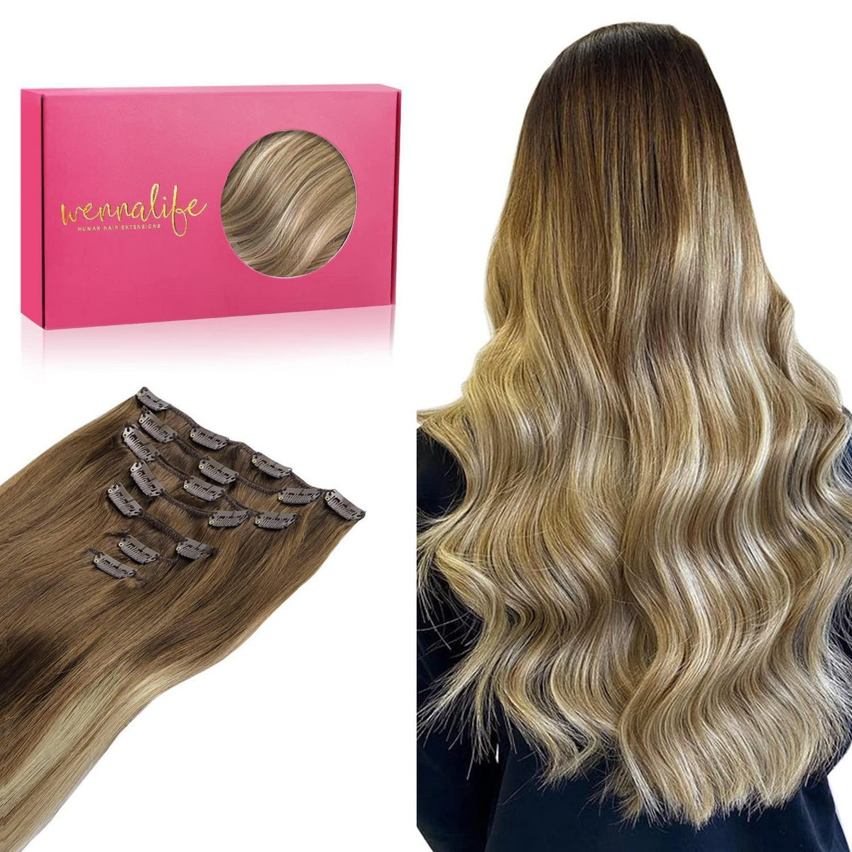 Echthaar Clip-in Extensions Ombré Braun-Blond 50cm