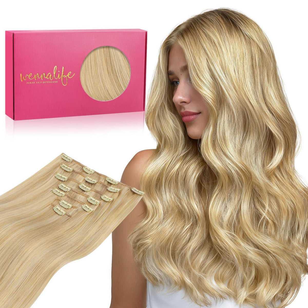 Echthaar Clip-Ins Hellblond Highlights 55cm