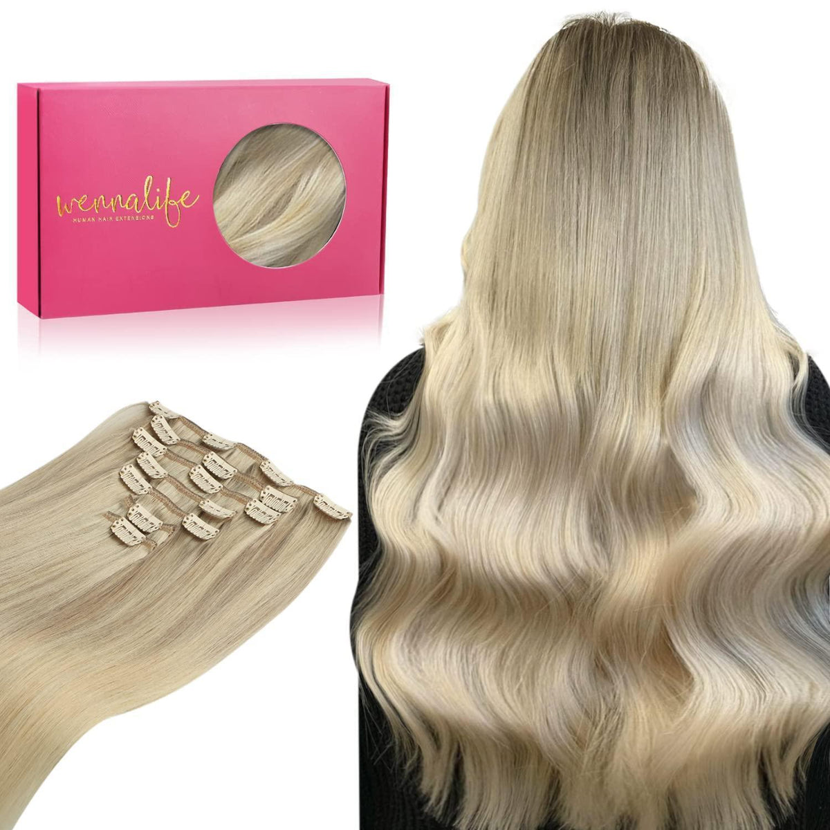 Echthaar Clip-Ins Aschblond bis Platinblond 40cm