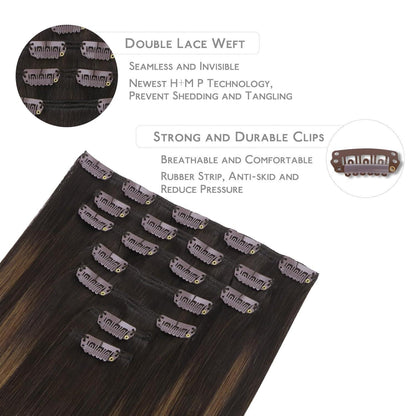 Clip-in Echthaarverlängerungen Balayage Dunkelbraun zu Kastanienbraun 35cm