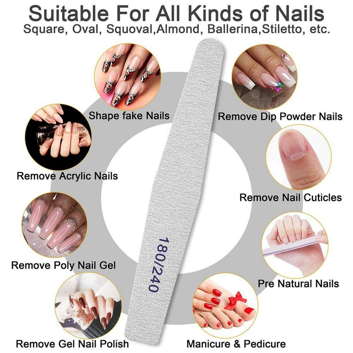 12er Nagelfeilen Set 180/240: Waschbare Doppelseitige Nägelfeilen
