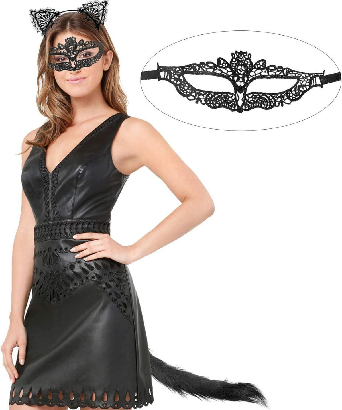 Katzenohren Haarreif mit Lace Maske und Schwanz für Damen Halloween