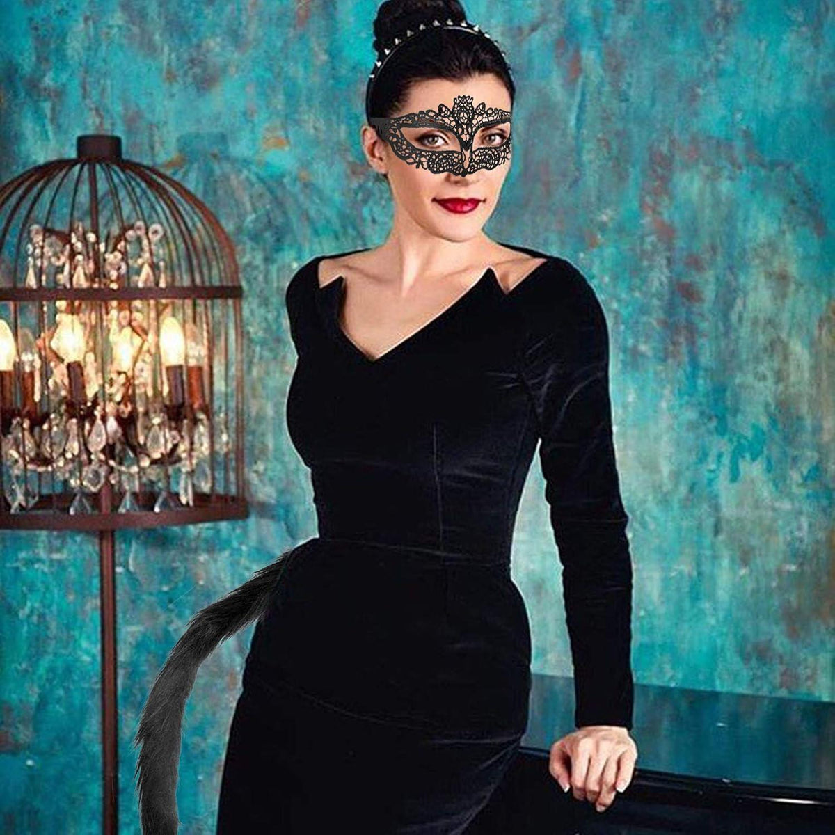 Katzenohren Stirnband Maske Schwanz Set Halloween Damen Cosplay