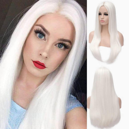 Weiße Lange Damen Perücke Synthetisch Glatt Cosplay Perücke