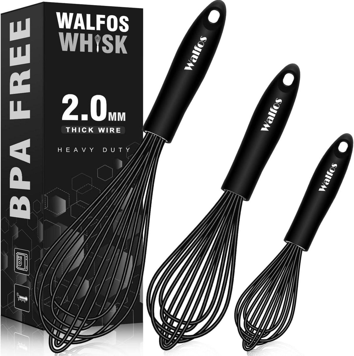 3er Set Silikon Schneebesen Schwarz 21cm 23cm 28cm Edelstahl