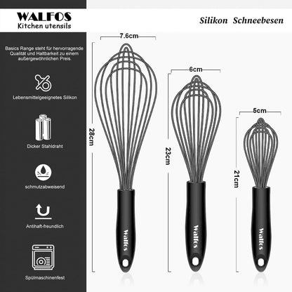 Walfos Schneebesen Set Silikon 3 Stück 21cm 23cm 28cm Schwarz