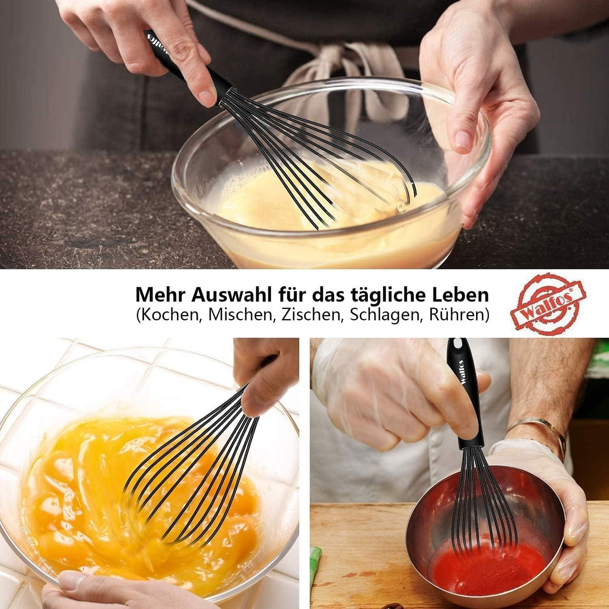 Walfos® Schneebesen Set, Silikon Edelstahl Rührbesen 3 Stück 21cm 23cm 28cm, Schwarz