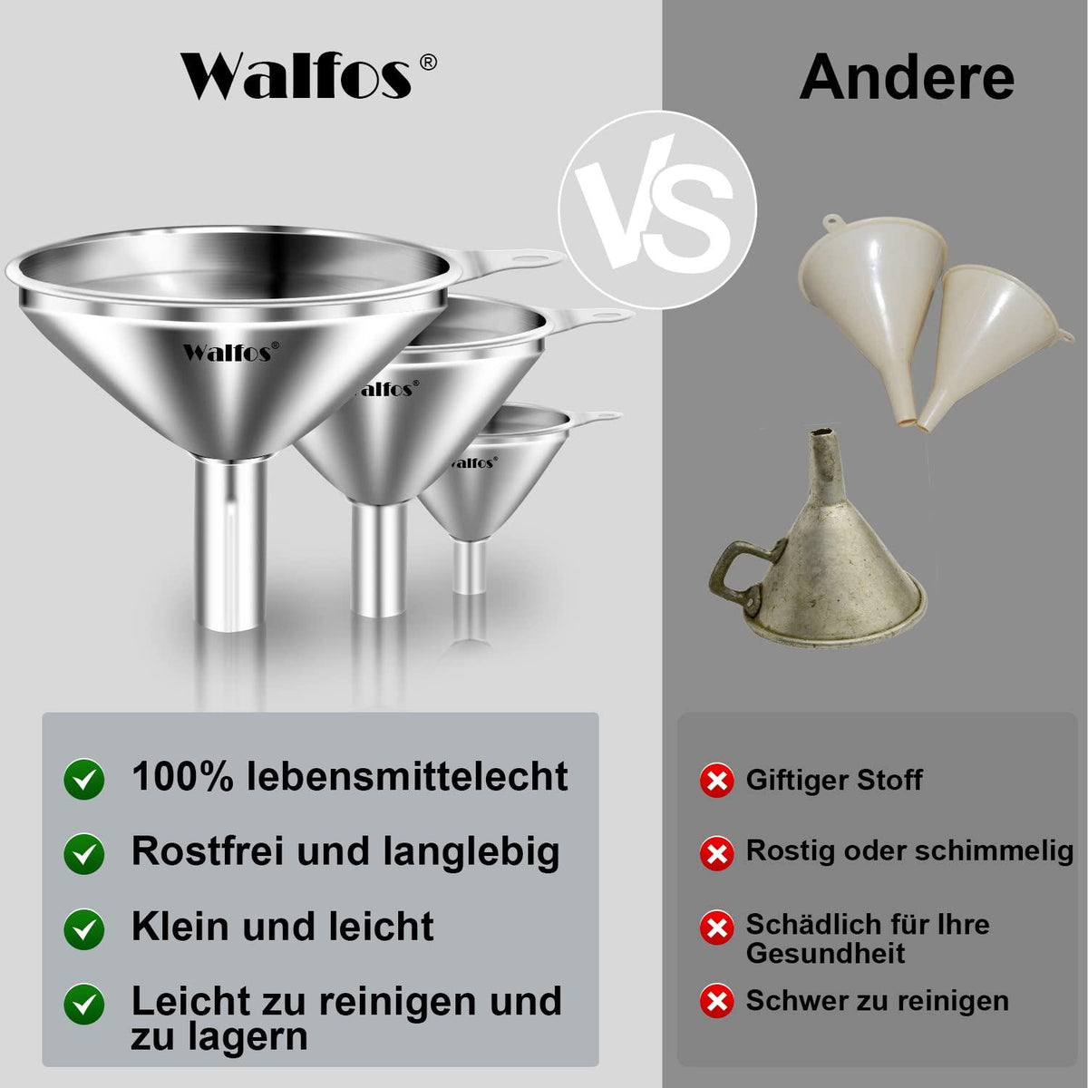 Walfos® Trichter Edelstahl 3er Set Mini für Küche und Flaschen