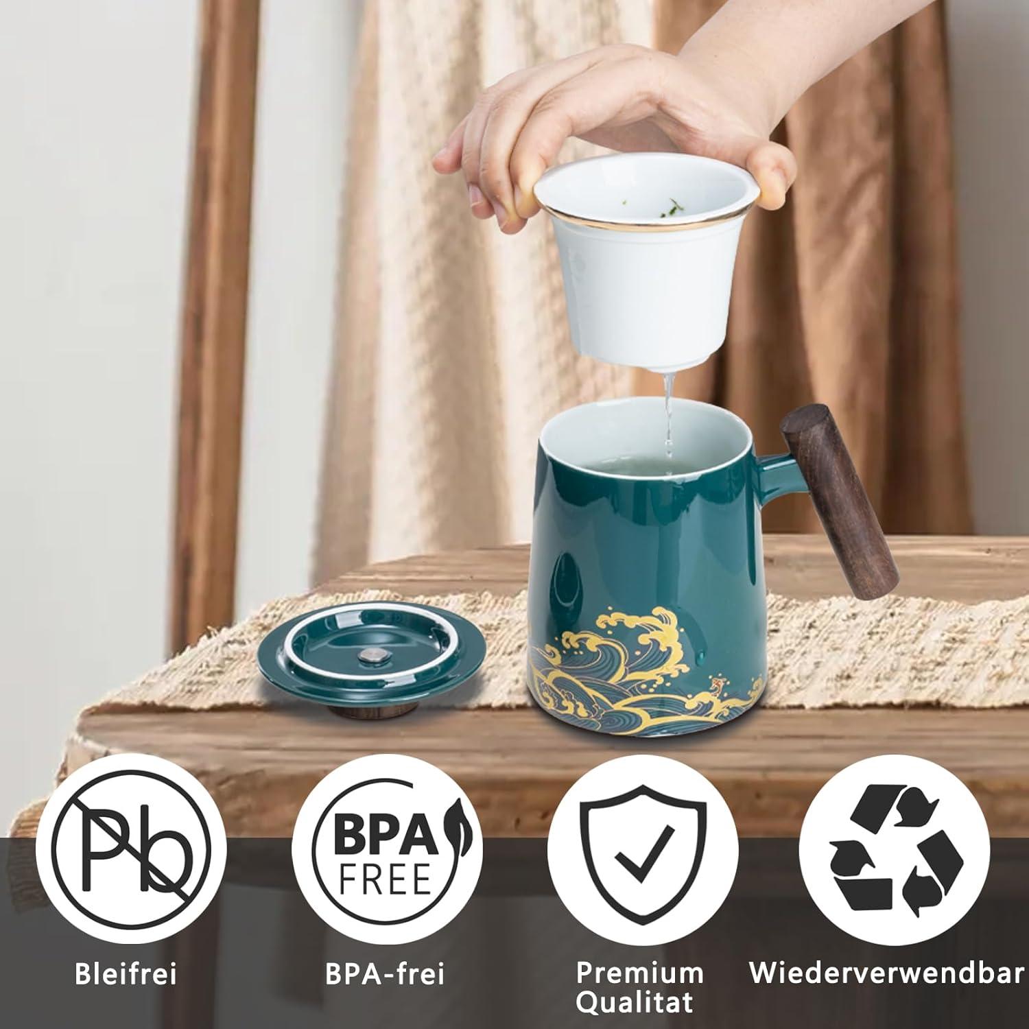 Teetasse mit Keramik Sieb und Deckel, 500ml Teebecher für
