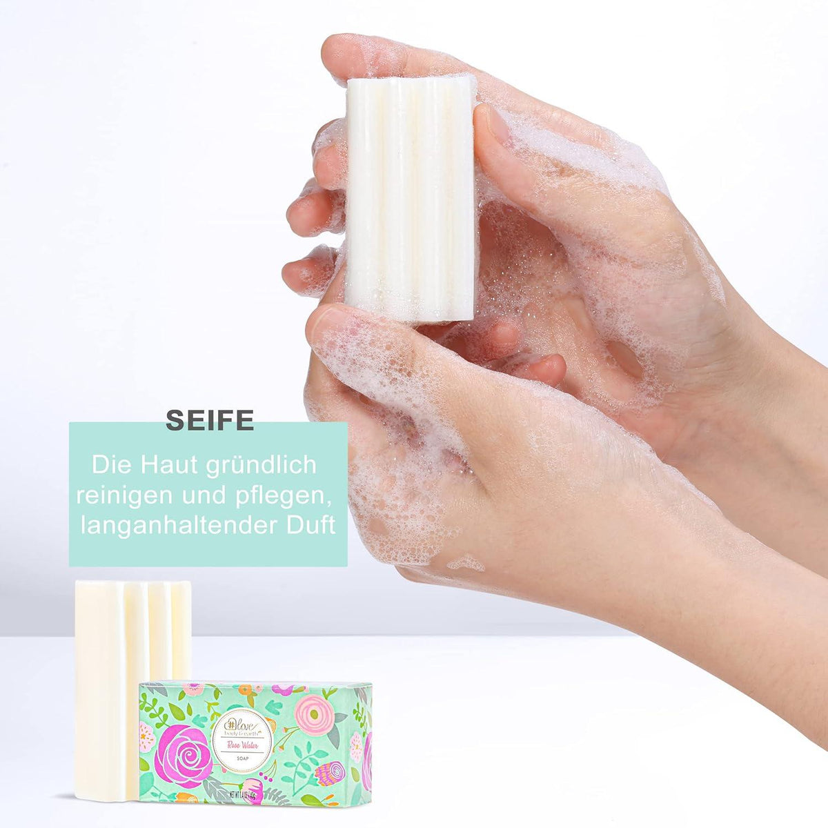 Handcreme Geschenkset: 4 Rosen Handcremes, Fußcreme, Kerze, Seife