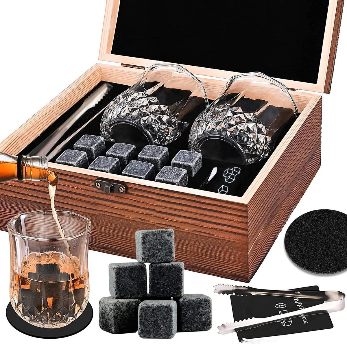 Whiskey Geschenkset mit Gläsern, Steinen & Zange – Basalt Kühlsteine