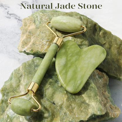 Jade Roller und Gua Sha Set für Gesichtsmassage und Hautpflege, Grün