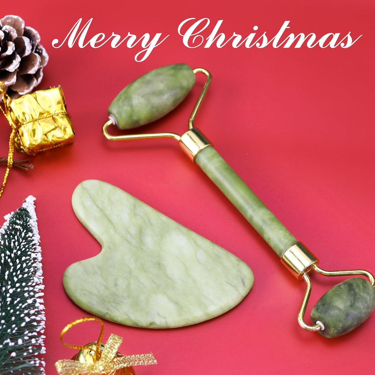 BAIMEI Jade Roller und Gua Sha Set für Gesichts- und Nackenmassage in Grün