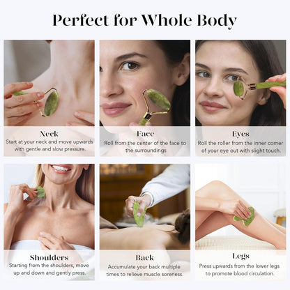 BAIMEI Jade Roller und Gua Sha Set für Gesichts- und Nackenmassage in Grün