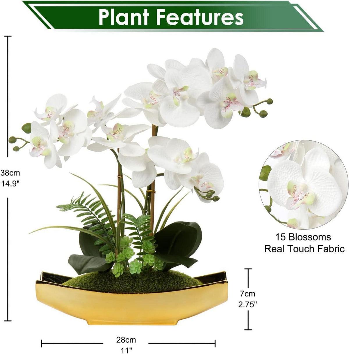 Kunstorchidee Phalaenopsis Bonsai Deko 38CM Weiß Gold Pot