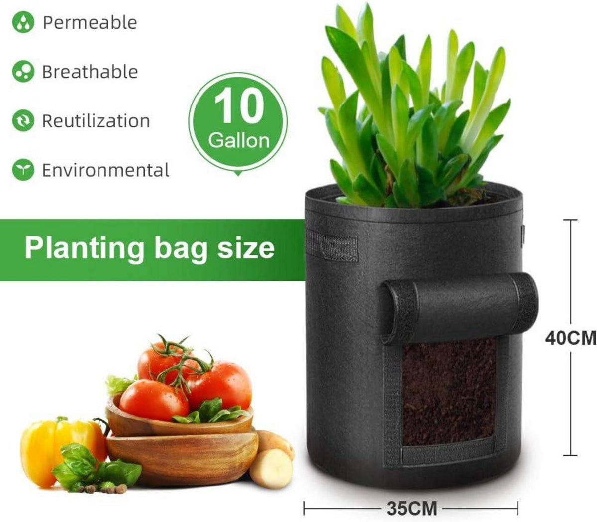Grow Bag 10 Gallonen mit Sichtfenster und Griffen - 5er Pack