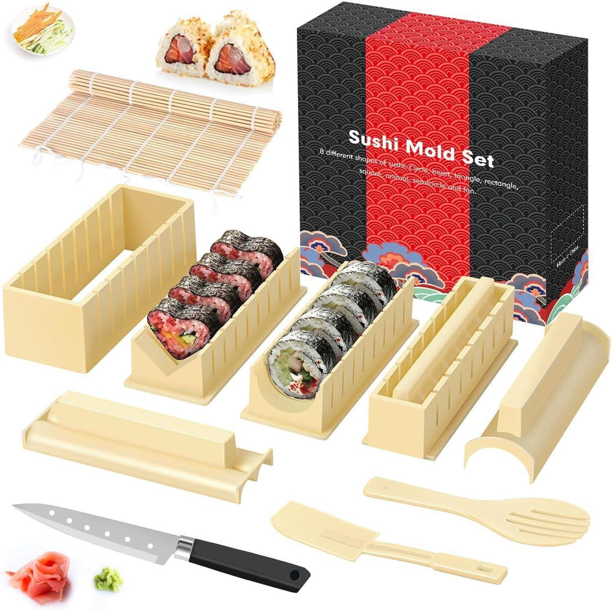 Sushi Maker Set für Anfänger mit 8 Formen, weiß/beige