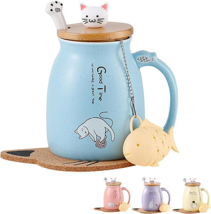 Süße Katzen-Keramik-Tasse mit Deckel und Löffel 380ML Blau