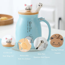 Süße Katzen-Tasse Keramik Kaffeetasse mit Deckel 380ML Blau