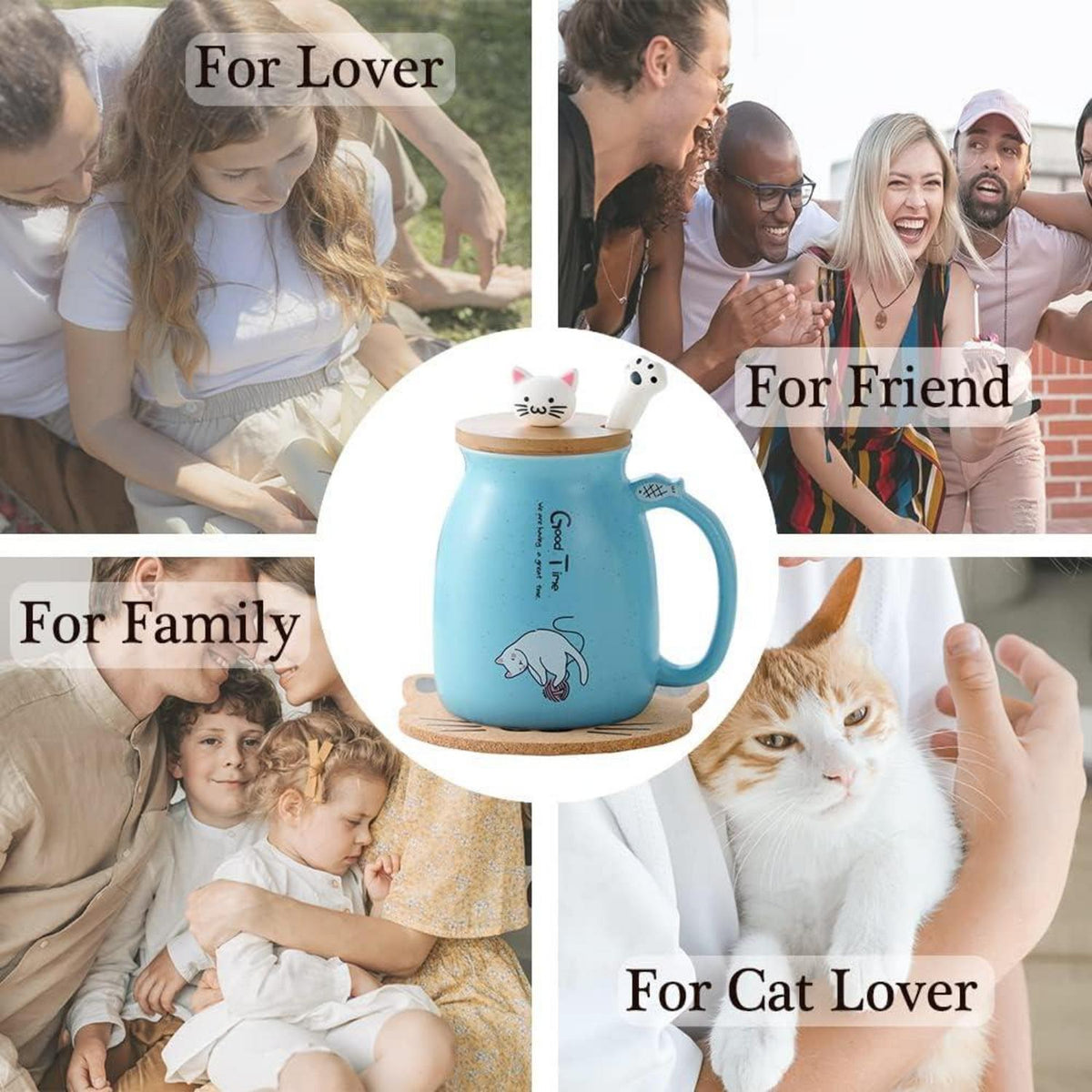 Katzen-Tasse Keramik Kaffeetasse mit Deckel & Löffel 380ML Blau