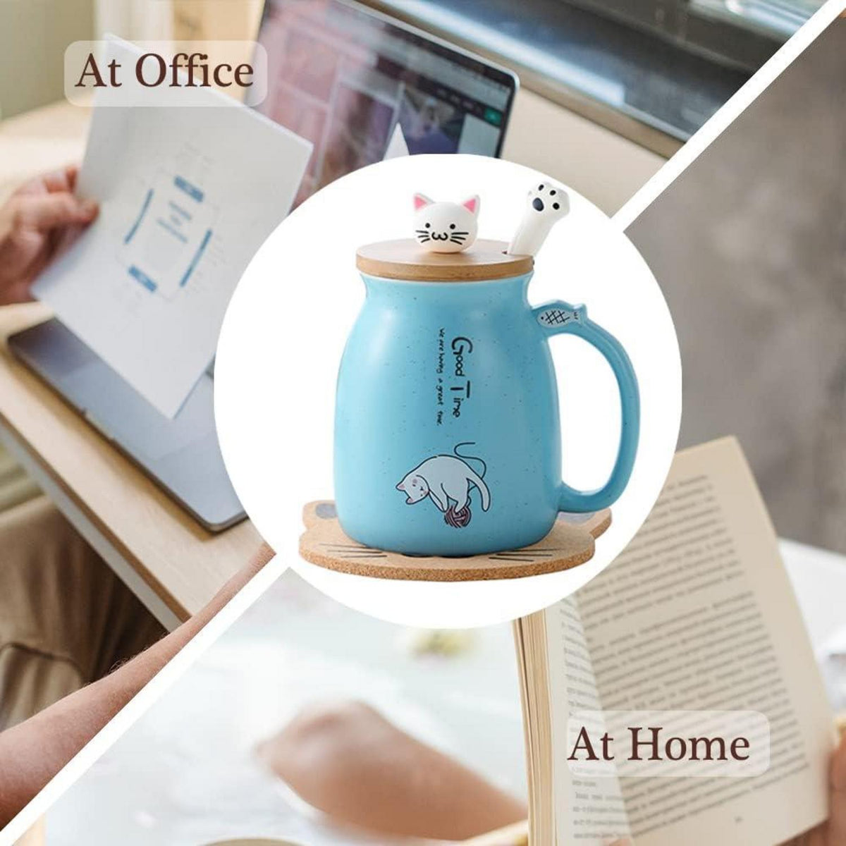 Katzen-Tasse Süße Keramik Kaffeetasse mit Deckel und Löffel 380ml Blau