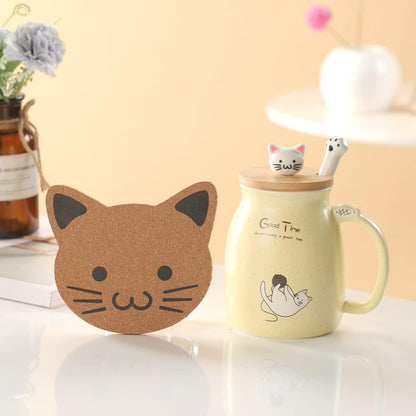 Katzen-Tasse Keramik Kaffeetasse mit Deckel und Löffel 380ML Gelb