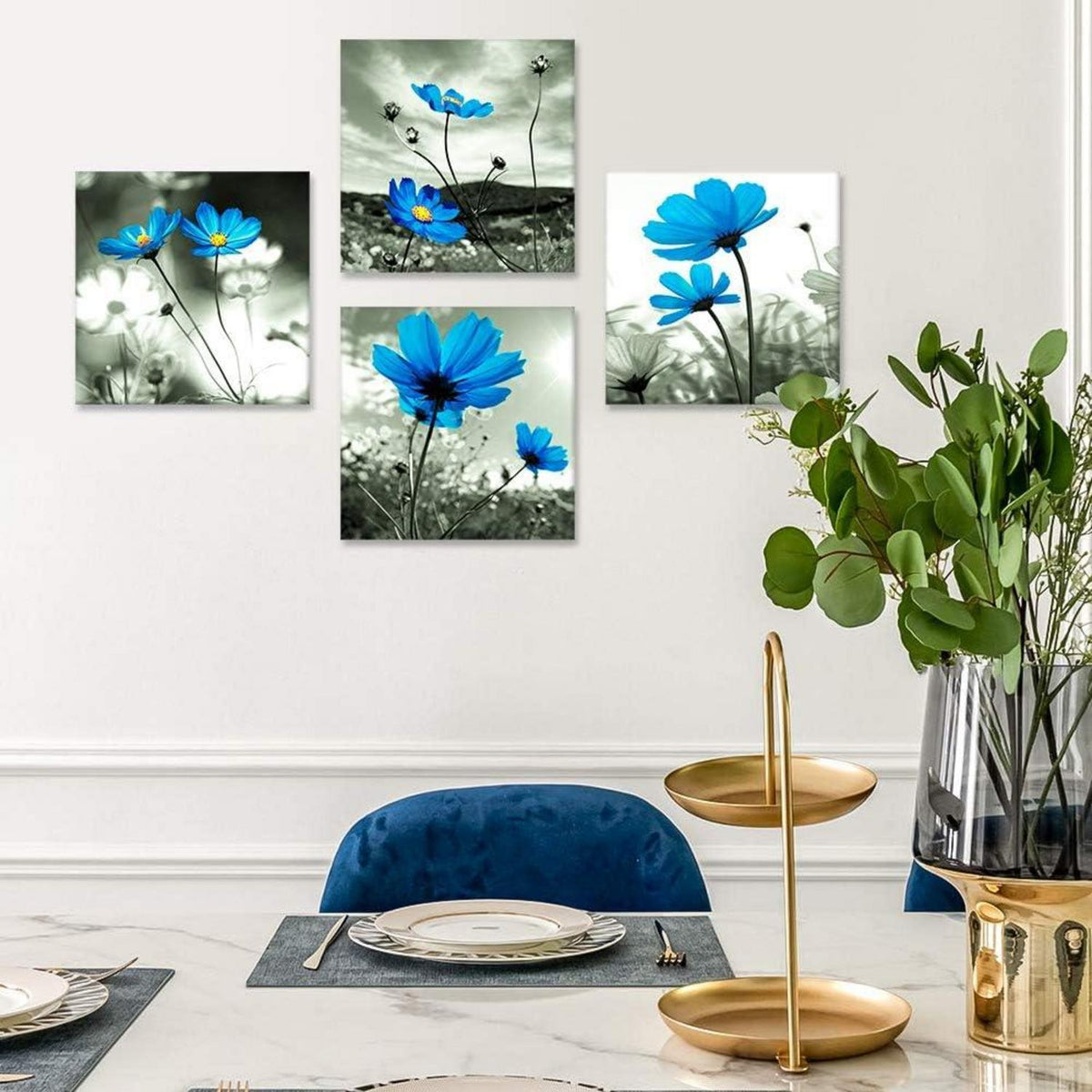 4-teiliges Leinwandbild Blaue Blumen Kunstdruck 30x30 cm Wandbild