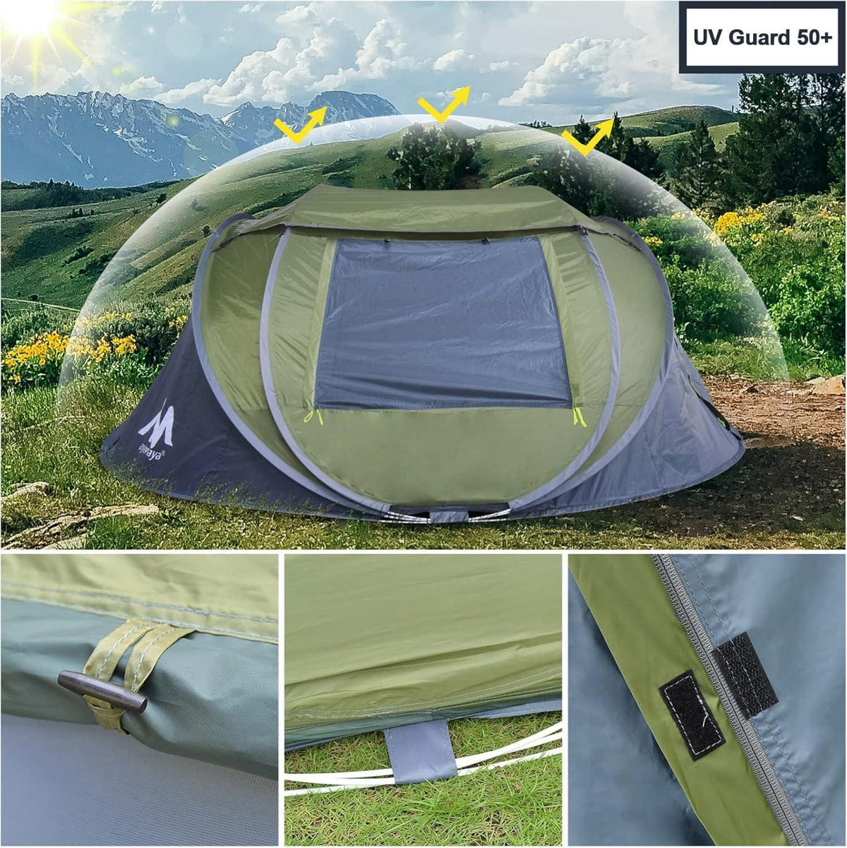 Pop Up Zelt 3-4 Personen mit Dachfenster, Strandmuschel Automatik, Wasserdicht