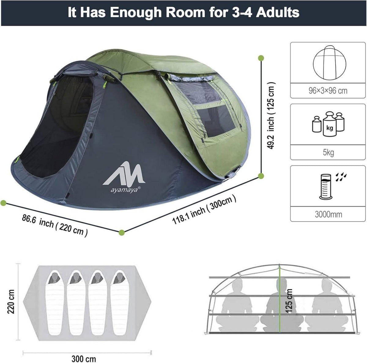 Zelt 3-4 Personen Pop Up Wurfzelt mit Dachfenster Strandmuschel