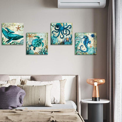 4er Set moderne Leinwandbilder Blauer Ozean Motiv Wanddekoration 30x30 cm