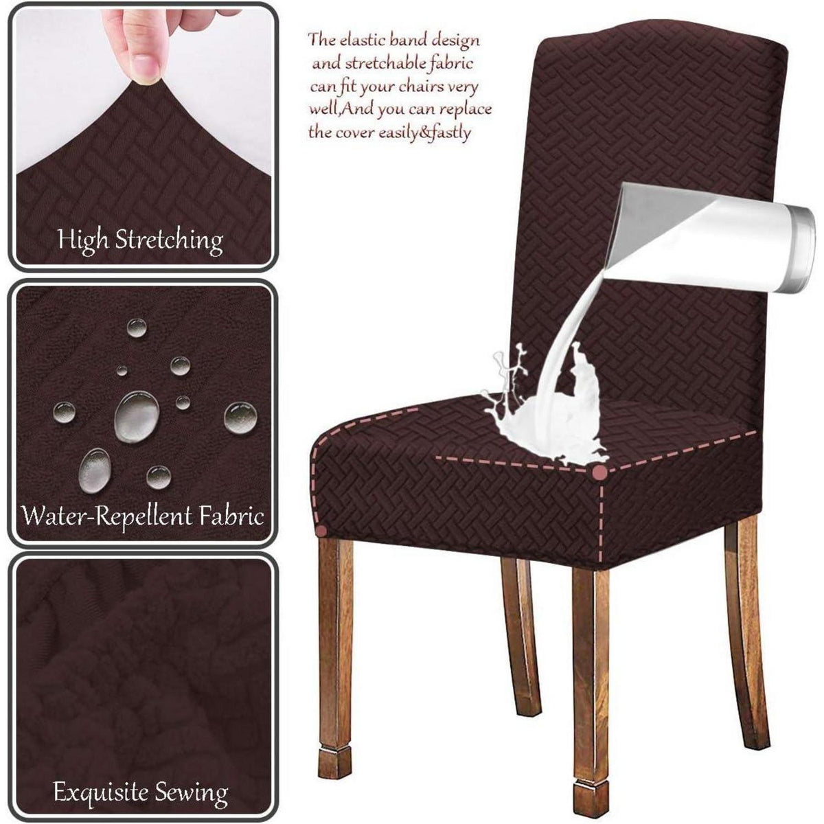 Stretch Stuhlhussen Jacquard wasserdicht 6er-Set Kaffee