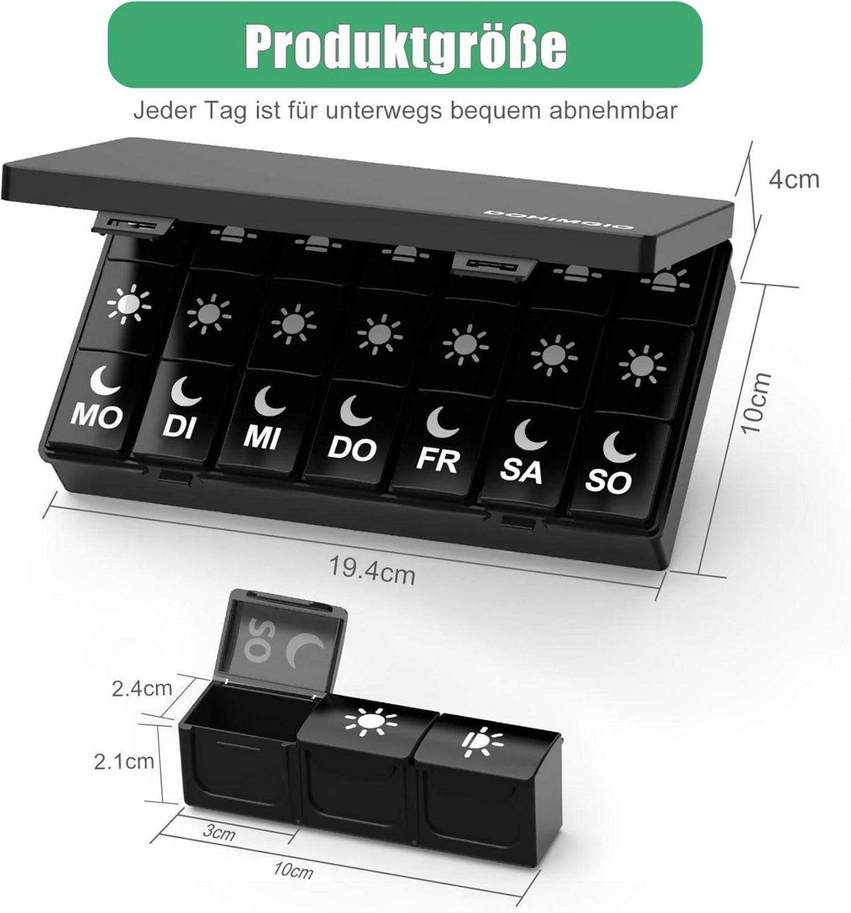 Tablettenbox 7 Tage 21 Fächer Pillendose Schwarz BPA-frei