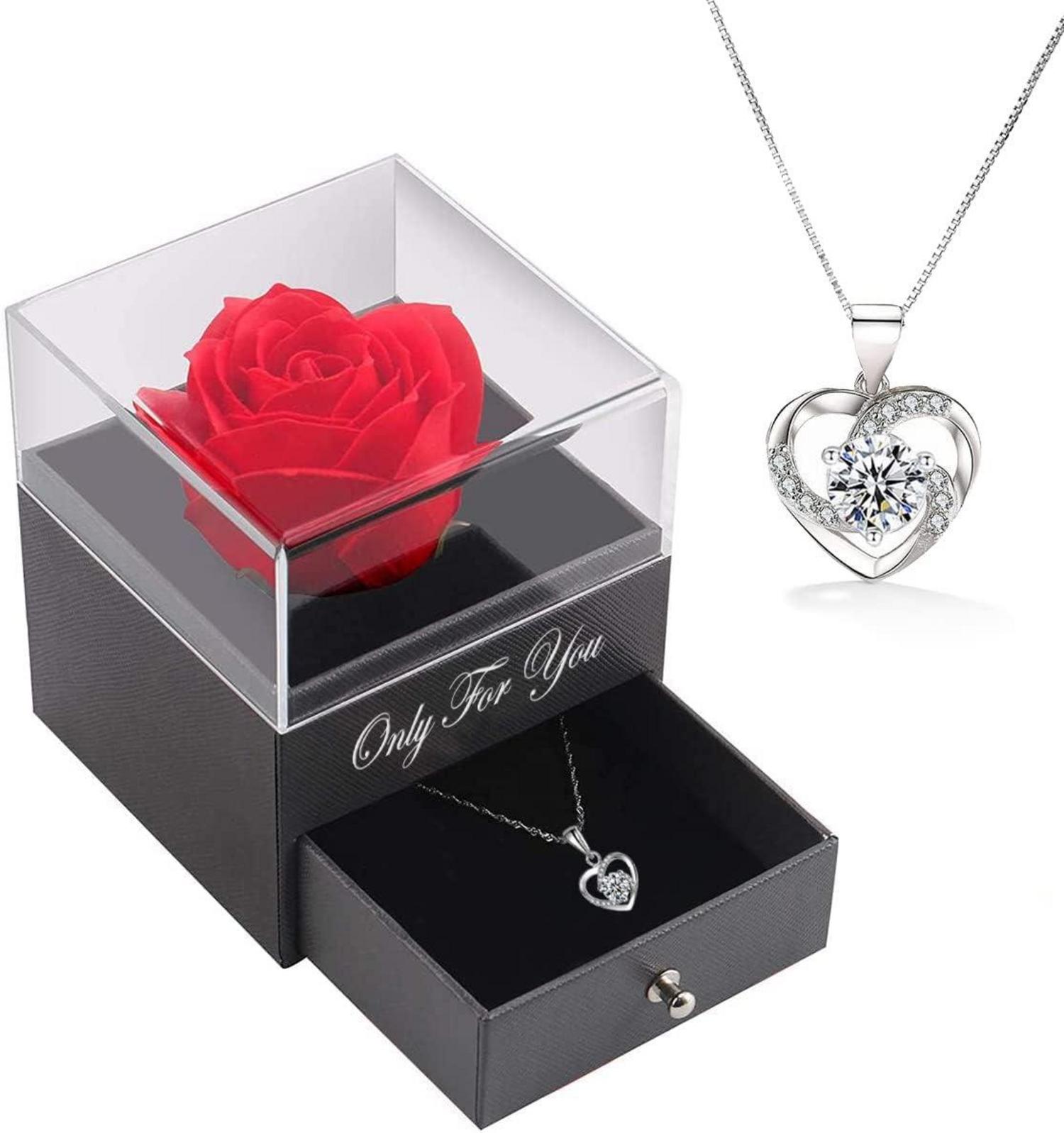 Handgefertigte konservierte Rosen Geschenkbox mit Halskette für Frauen