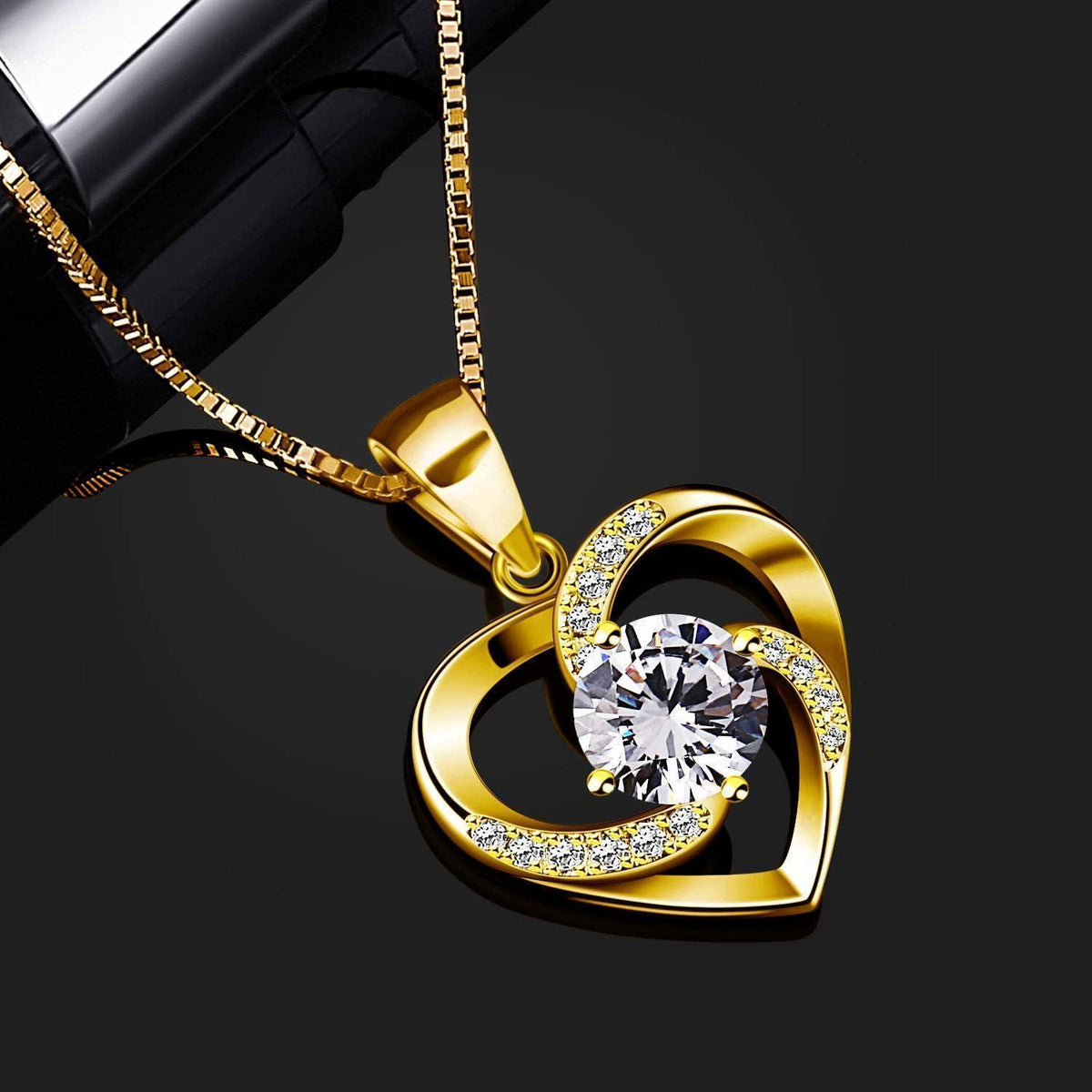 Sterling Silber Halskette Herz mit Zirkonia "Liebe ist das Glück" 45cm goldfarben