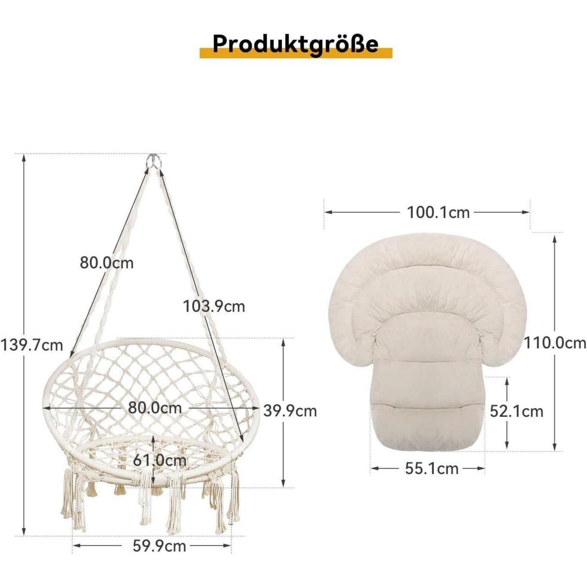 Handgefertigter Makramee Hängesessel mit Kissen – Boho Deko für Innen & Außen