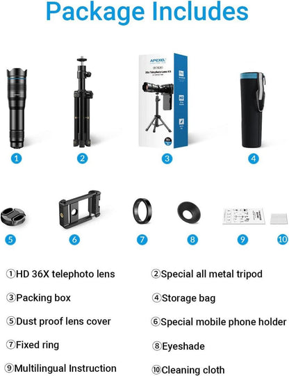 Apexel HD 36X Teleobjektiv für Smartphone - 4K HD Full Colors Objektiv - Mondbeobachtung - 36-fach einstellbar
