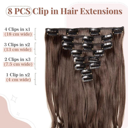 Welliges Haarverlängerung Set – 8 Tressen, 18 Clips, Mittelbraun