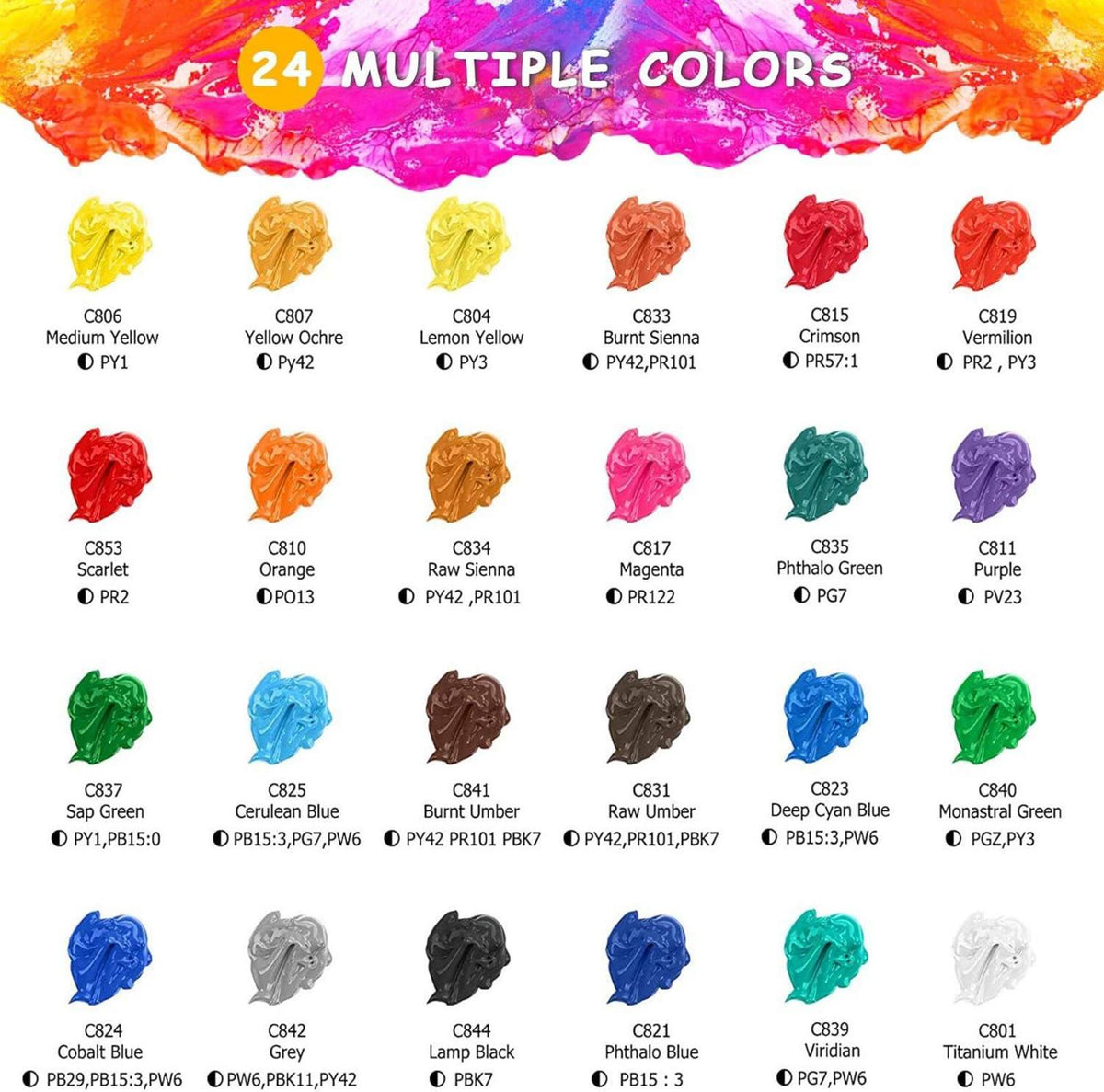 Acrylfarben Set 33 Stück: 24 Tuben + 5 Pinselset + 2
