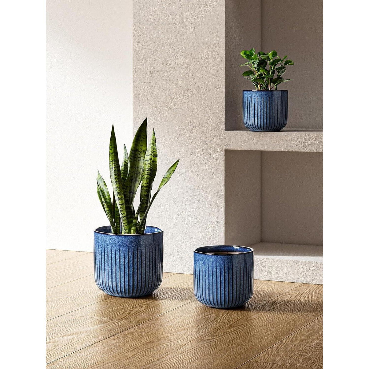 Keramik Übertöpfe 3er Set Ozeanblau, 21+17+14 cm