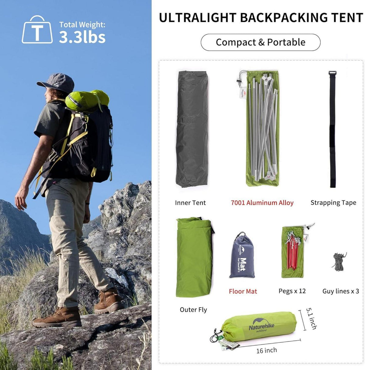Leichtes 1-Personen Camping-Kuppelzelt für Wanderungen, Hellgrün 20D