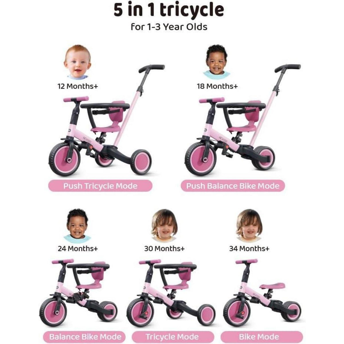 5-in-1 Laufrad & Dreirad für Kinder ab 1 Jahr, Rose Pink
